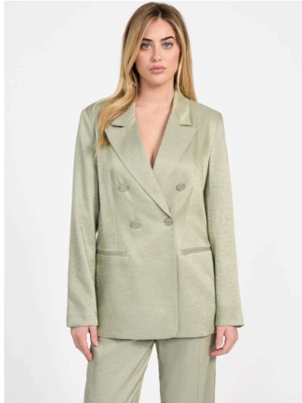 Three piece Guess Double-Breasted Sage Green Satin Suit, Blazer Vest Pants